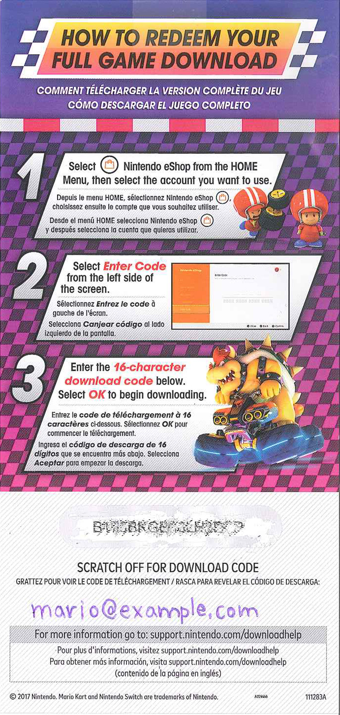 Example of a Download Code insert with a Nintendo Account email address written on it