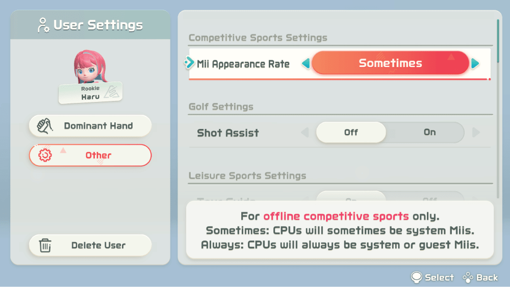 The Mii Appearance Rate setting in Nintendo Switch Sports Resort, set to 'Sometimes'.