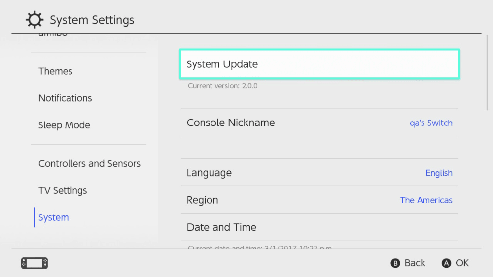 Nintendo switch on sale update version