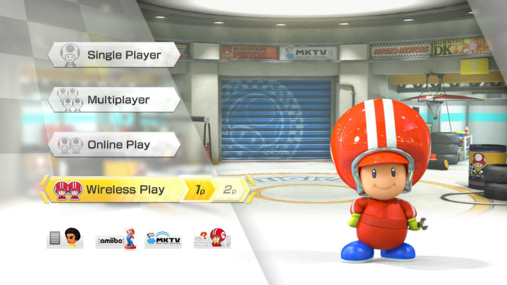 Wireless Play selected on the Mario Kart 8 Deluxe start menu