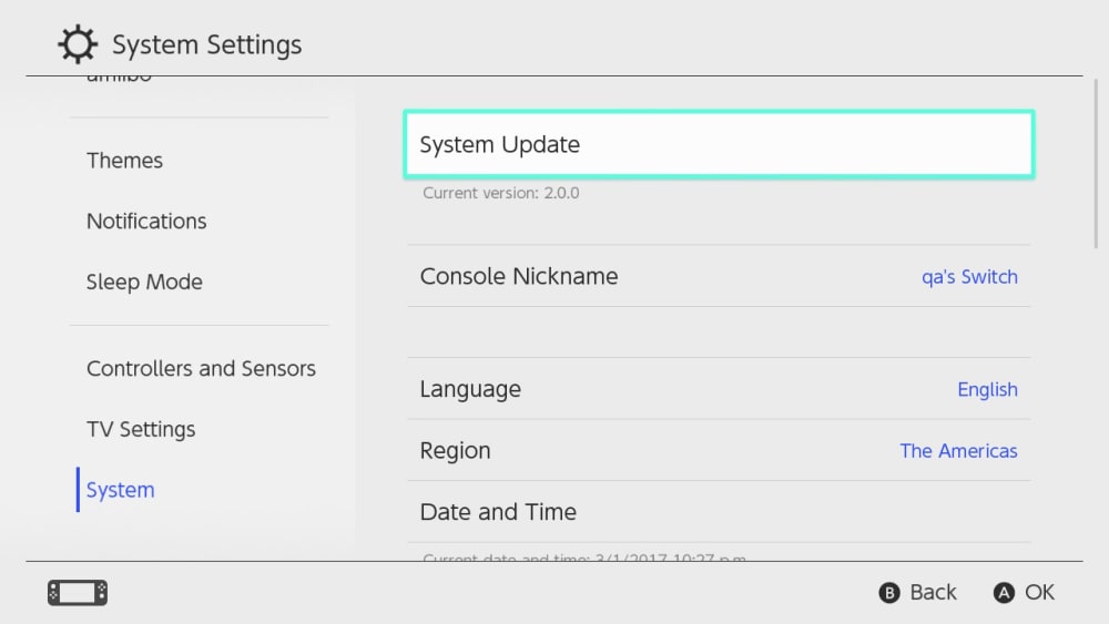 System Update highlighted within the system option in the System Settings
